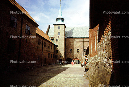 Akershus Fortress, Castle, Tower, Steeple, Courtyard, Building, Oslo, 1950s