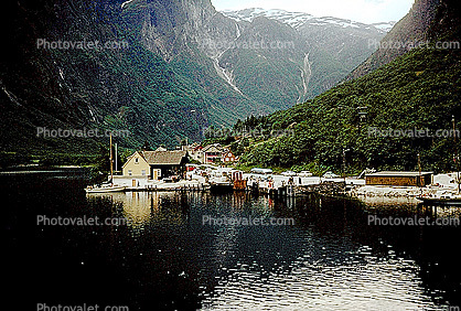 Waterfall, Fjord, Water, Buildings, Village, Sognefjorden, 1950s