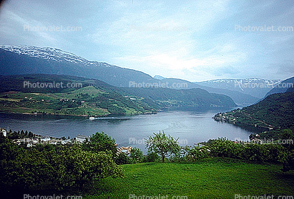 Hardanger fjorden, Village, Fjord, Mountains, near Bergen, 1950s
