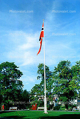 Norwegian Flag, Flagpole, Trees, Sky