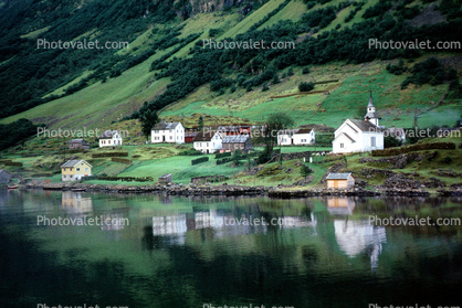 Village, Buildings, Reflection, Bucolic, Fjord, Mountains