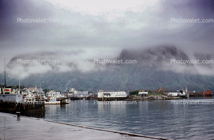 Docks, Waterfront, Harbor, Mountains, Fog, Buildings, Svolvaer