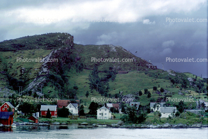 Village, Hills, Mountains, Buildings, Homes, Houses, fjord