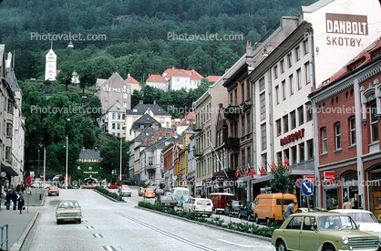 Danbolt, Skotby, Street, Buildings, Shops, Cars, Bergen