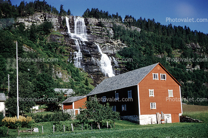 Barn, Farm, Waterfall, mountains