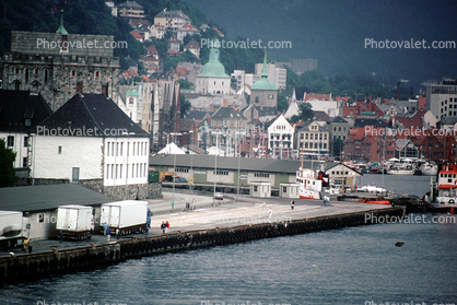 Waterfront, Docks, Hill, Buildings, Bergen
