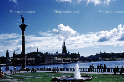 skyline, cityscape, clouds, Water Fountain, Column, Garden, Stockholm, Baltic Sea