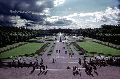 Baroque Garden, Drottningholm Royal Palace, People, Lawn, clouds, August 1961, 1960s