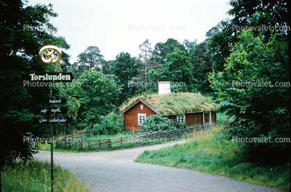 Grass Roof House, fence, road, rural, Torslunden, Skansen