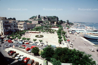 Harbor, Cars, skyline, cityscape, waterfront, Corfu Island, Mediterranean Sea