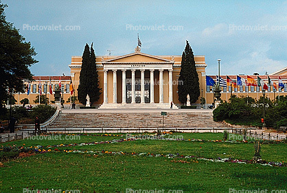 The Zappeion Exhibition Hall, Building, Lawn, trees, flags, Athens