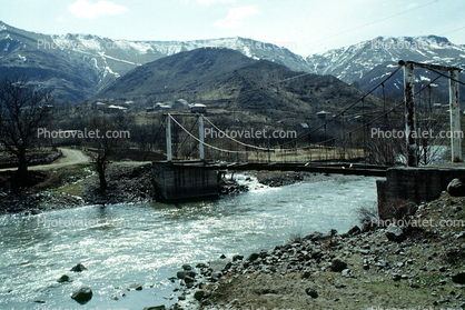 Suspension Bridge, River, Caucasus Mountains, snow