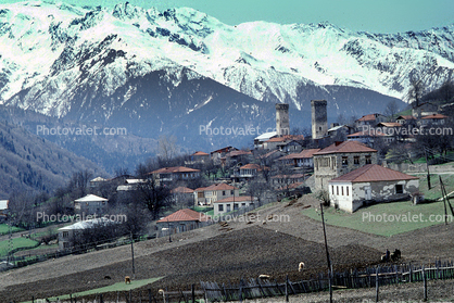 Valley, Buildings, Village, Town, Svaneti, Caucasus Mountains