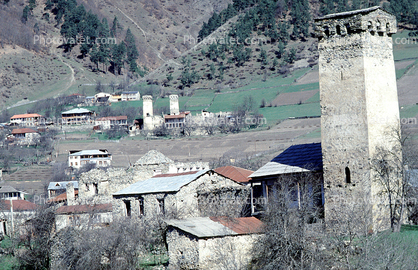 Towers, buildings, valley, Svaneti, Caucasus Mountains