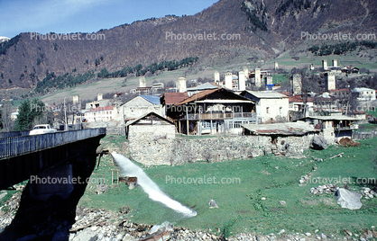 Homes, Houses, hills, stream, Towers, buildings, valley, Svaneti, Caucasus Mountains