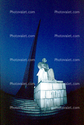 statue of Konstantin Tsiolkovsky, the Space Obelisk, Twilight, Dusk, Dawn