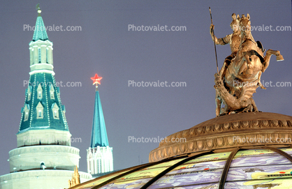 Equestrian Statue, horse, towers, dome, building