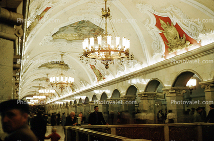 Chandelier, walkway, arch, opulent, Moscow Subway