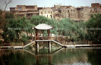 river, lake, buildings, trees, Kashgar