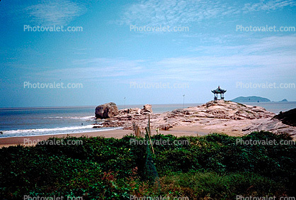 Ocean, rocks, shore, shoreline, coast, shrine, Putuo