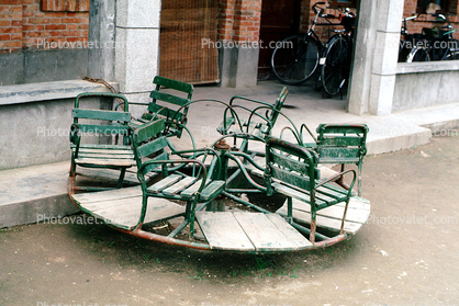 broken carousel, bench, seats
