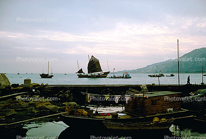 Chinese Junk Boat, Castle Peak Village, outside Kowloon, Harbor, 1968, 1960s