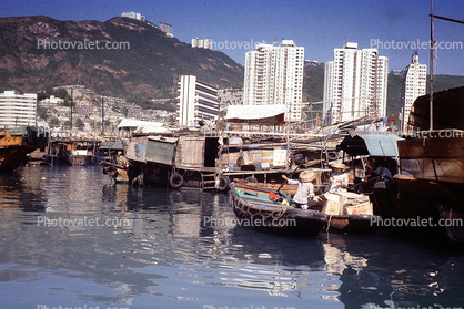 Boat City, Crowded Harbor, Docks, Buildings, Housing, Hills, Aberdeen Boat City, 1979, 1970s