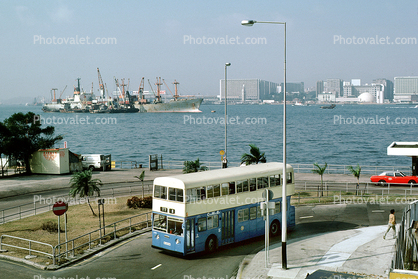 Skyline, Cityscape, Buildings, Harbor, Docks, Street, Taxi Cab, Doubledecker Bus, 1985, 1980s, Road