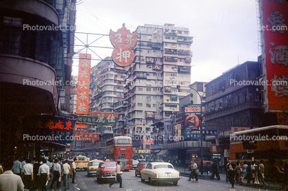 Doubledecker Bus, Apartments, Housing, Crowded Street, Buildings, Signage, Signs, Cars, 1970