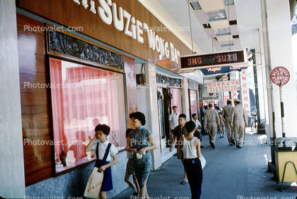 Suzie Wong Bar, Street Scene, Shops, signs, 1962, 1960s