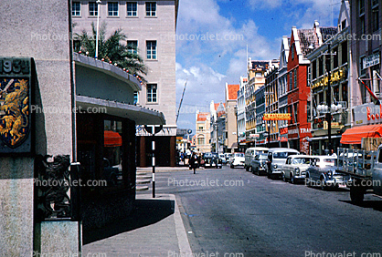cars, buildings, downtown, shops, stores, Willemstad, Curacao, 1950s