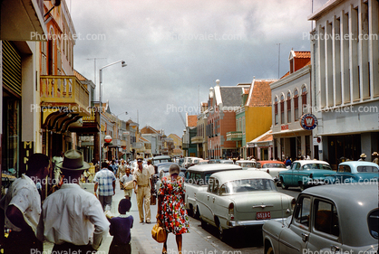 Pedestrians, Woman, Men, Hat, Cars, Shops, Stores, Curacao, 1950s
