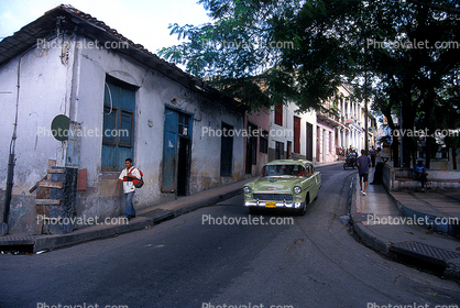 Chevy Belair, Car, Building, Trees, Curb, Sidewalk, Old Havana building