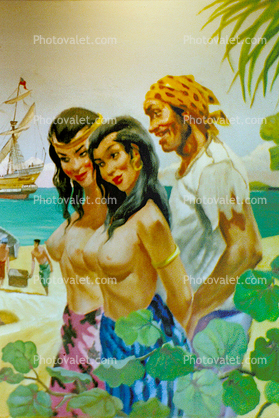 Pirates Cove, buccaneer, Bare Breasted Women painting, Tall Ship, Saint Johns Antigua