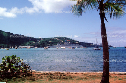 Cruise Ship SS Fairwind, boats, Coast, Coastline, buildings, Saint Thomas Harbor, May 1983