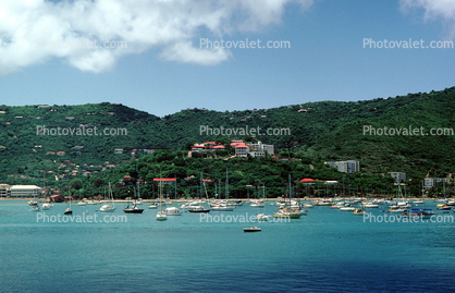 boats, Coast, Coastline, buildings, Saint Thomas Harbor