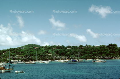 Harbor, moored boats, shore, shoreline, clouds, Cruz Bay, Saint Johns