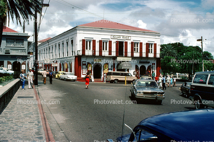 Grand Hotel, buildings, shops, cars, people, Saint Thomas, June 1980