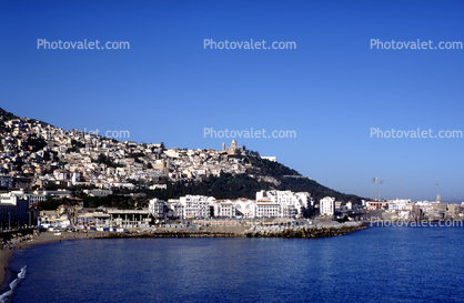 Skyline, shoreline, shore, waterfront, buildings, cityscape, hills, Algiers
