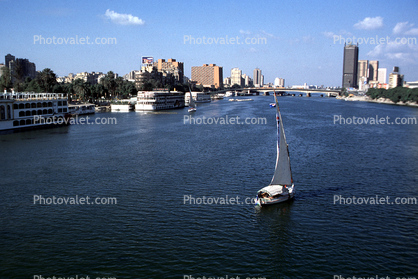 Buildings, skyscrapers, Cairo, Nile River, Sailboat