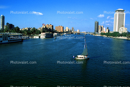 Buildings, skyscrapers, Cairo, Nile River, Sailboat