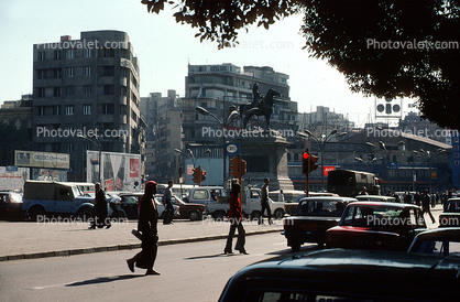 Statue, Building, Street, Cars, Automobiles, Vehicles, Cairo, 1960s