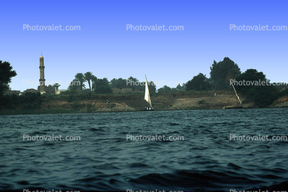 Dhow Sailing Craft, Nile River, Lateen sail, vessel, boat, minaret, shore, sand dunes
