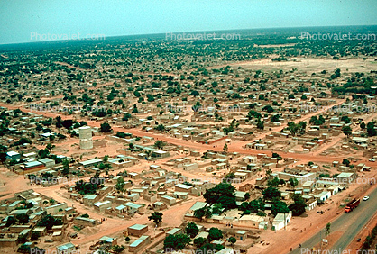 Flying over Ouagadougou, cityscape, desert