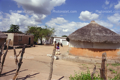 Barbed Wire Fence, Village, Huts, clouds, Thatched Roof House, Home, Grass Roofs, roundhouse, building, Sod