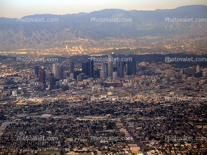 Downtown Los Angeles Skyline from the Air, urban sprawl