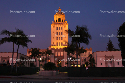 Beverly Hills City Hall, Tower, Government Building, landmark, night, nighttime, dusk