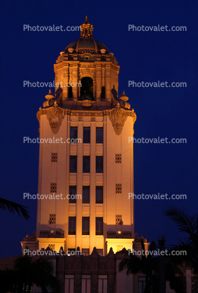Beverly Hills City Hall, Tower, Government Building, landmark, night, nighttime, dusk
