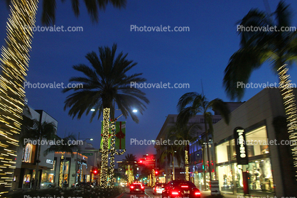 stores, shops, buildings, evening, palm trees, Rodeo Drive, Beverly Hills, night, nighttime, dusk
