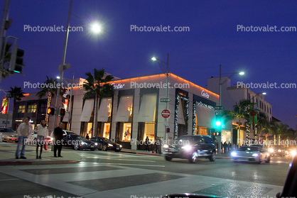 cars, crosswalk, Traffic Signal Lights, stores, shops, buildings, evening, Rodeo Drive, Beverly Hills, night, nighttime, dusk